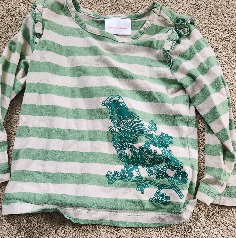 Hanna Andersson Green and Cream Striped Long Sleeve Tee 90cm